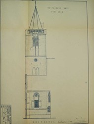 <p>Opmeting van de bestaande toestand van de oostgevel van de toren uit 1954. (Archief RCE).  </p>
